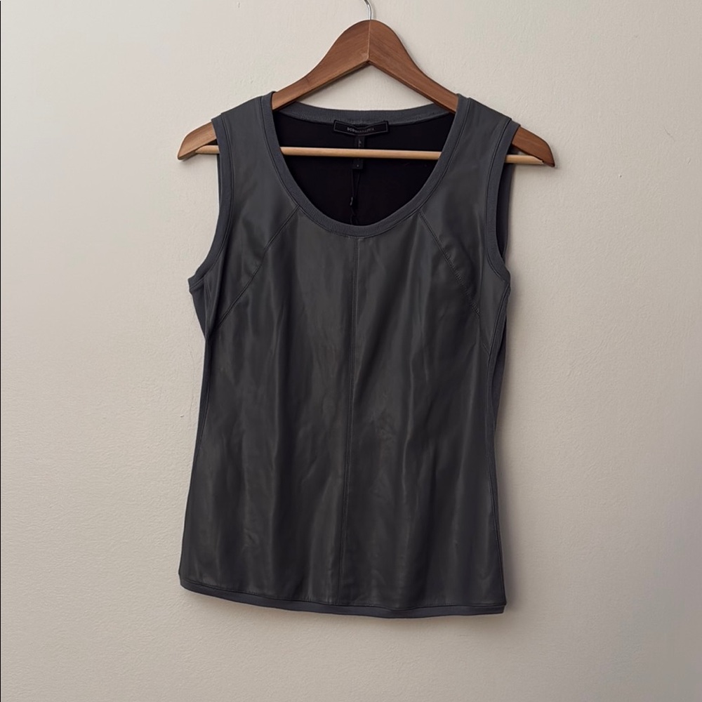 BCBGMAXAZRIA Gray Faux Leather Sleeveless Mixed Media Tank Top Small